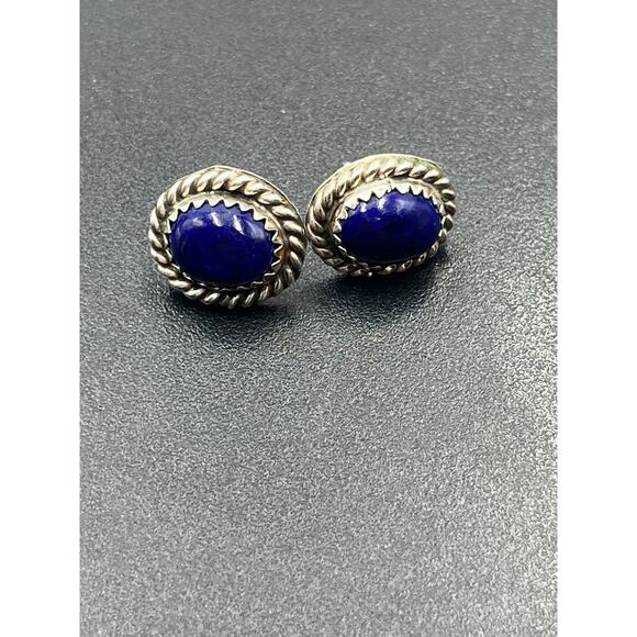 Vintage Sterling Silver Blue Lapis Lazuli Oval Stud Earrings Rope Border Signed - Picture 3 of 15